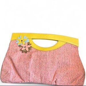 VTG Paint The Lily Tweed Leather Floral Appliqué Pastel Whimsy Clutch Pink